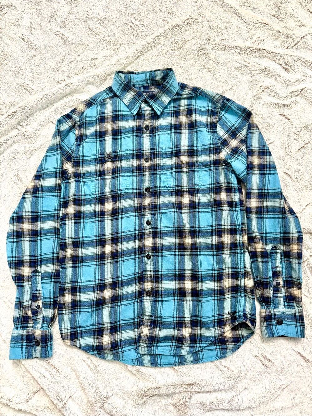 American Eagle Prep Fit Flannel Shirt Men’s Small Turquoise Blue Plaid